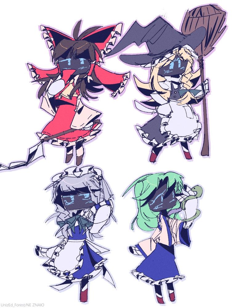 The illustration shows 4 characters in the guise of bots from "Astro Bot": Reimu Hakurei, Marisa Kirisame, Sakuya Izayoi and Sanae Kochiya.