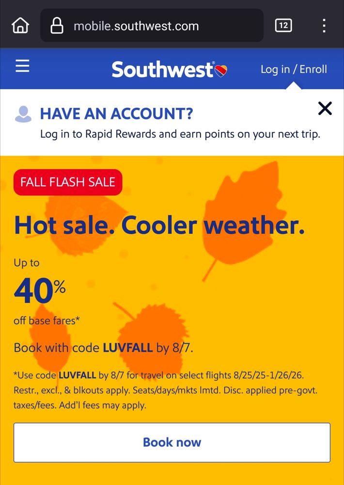 A screenshot from Southwest Airlines' website showing a Fall sale, where if you use the code "L-U-V-F-A-L-L" by the 7th of August, you can save up to 40% off base fares