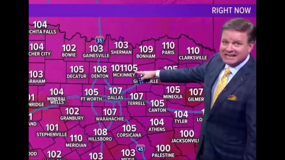 A screenshot from the clip in which a weatherman points to the city of McKinney with a supposed heat index of 101,105 degrees fahrenheit while saying "Everyone in McKinney is dead."