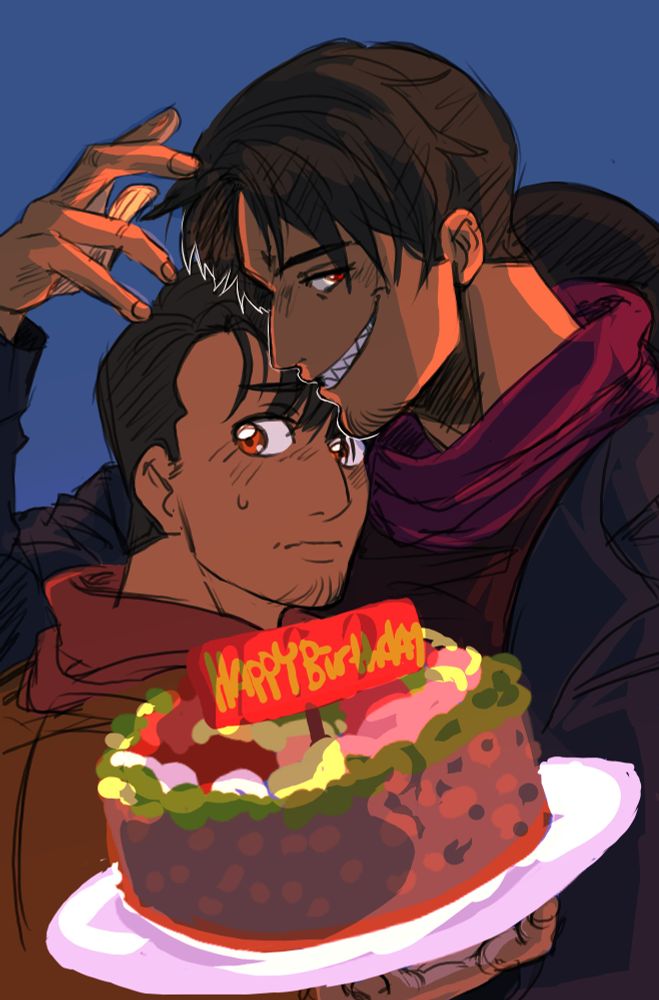Picture of Blake and Shadow. Shadow is holding the cake while grinning wide, and blake is standing next to him, looking uncomfortable and scared.