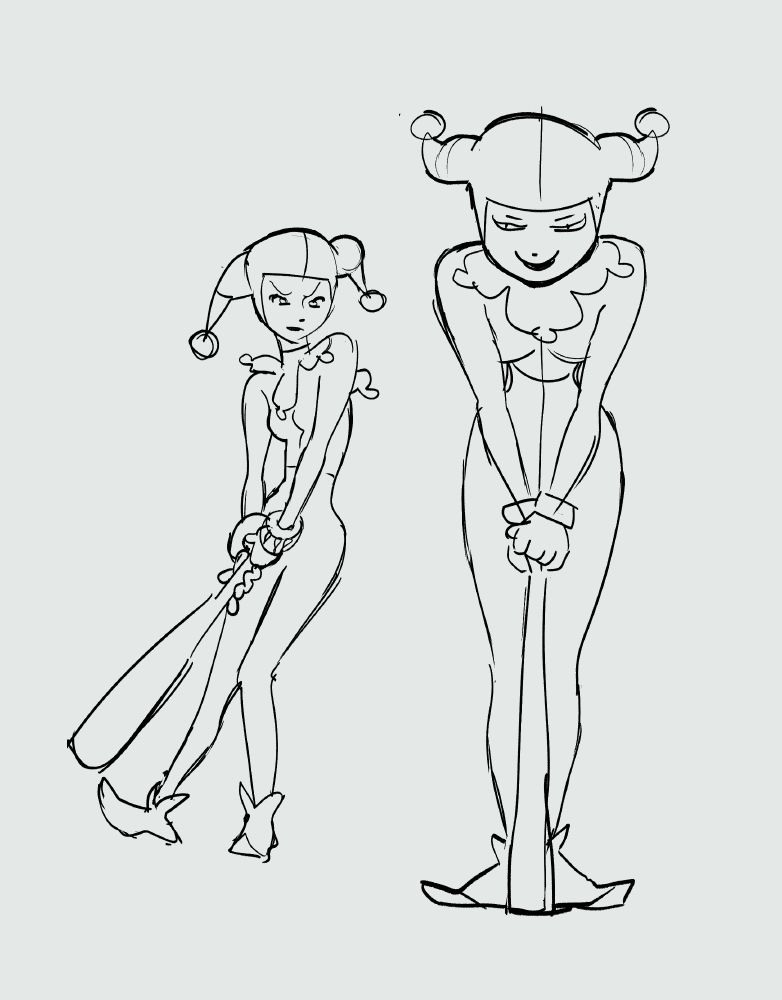 Two sketches of Harley Quinn
