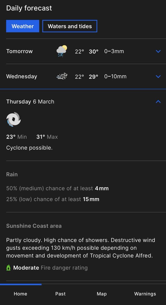 A picture of the weather forecast for the Sunshine Coast showing the prediction of a tropical cyclone and it’s the first time I’ve ever seen that!