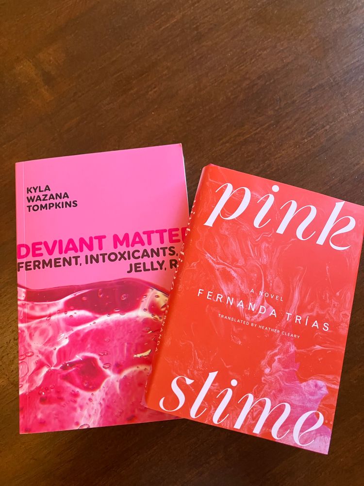 Two incredible pinky red books on a brown background, Kyla Wazana Tompkins’ “Deviant Matter” and Fernanda Trías’ “pink slime” 