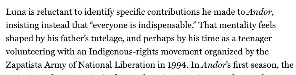 Excerpt from linked article mentioning Diego Luna's "time as a teenager volunteering with an Indigenous-rights movement organized by the Zapatista Army of National Liberation"