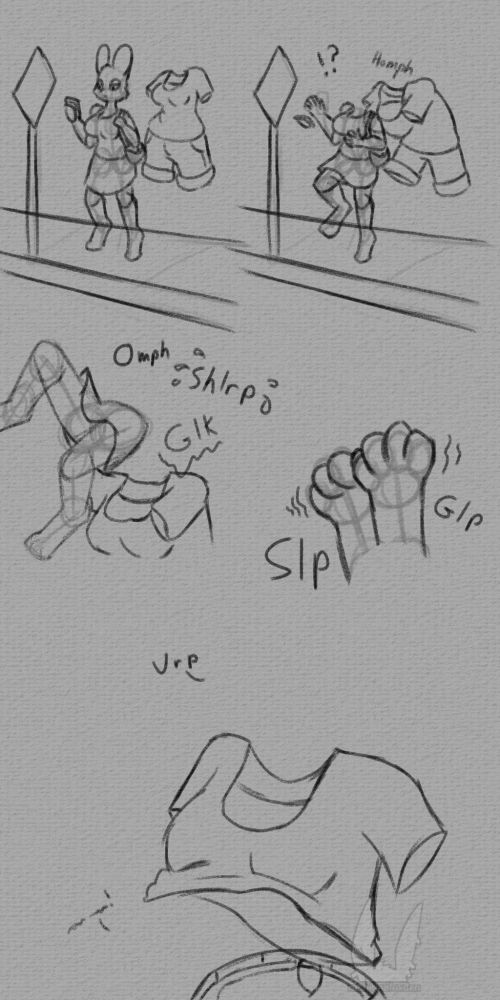 A sketch comic showing an anthropomorphic rabbit standing on a sidewalk, looking at her phone. Behind her is a set of clothes suspended in the air, suggesting someone invisible is there. The rabbit's head suddenly disappears, followed by the rest of her body, a bit at a time, accompanied by slurping and swallowing sounds. Finally, the invisible person lets out a small belch, and the rabbit's muffled voice can be heard coming from where her belly would be.
