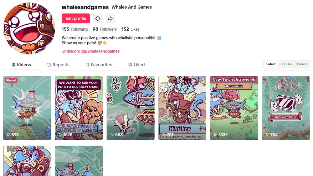 A screenshot of the Whales And Games account on TikTok, showing a low follower count. The account has various vertical videos of Townseek, including videos of the in game towns, activities, and another video of the current show us your pets activity.
