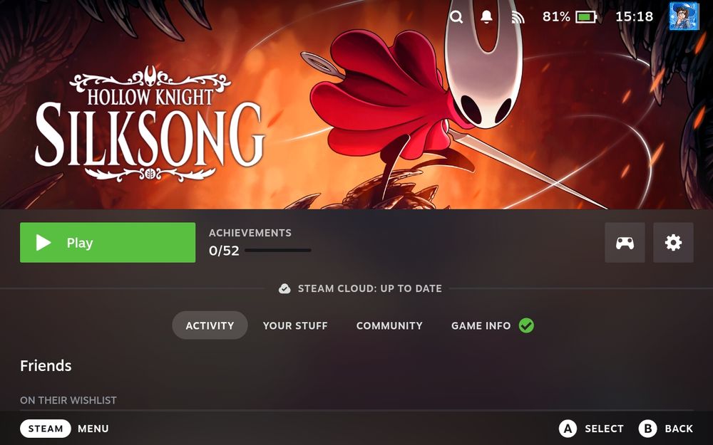 A screenshot of the Steam Deck interface, showing the Hollow Knight Silksong page, with the Play button highlighted in green. There's no playtime or achievements yet.