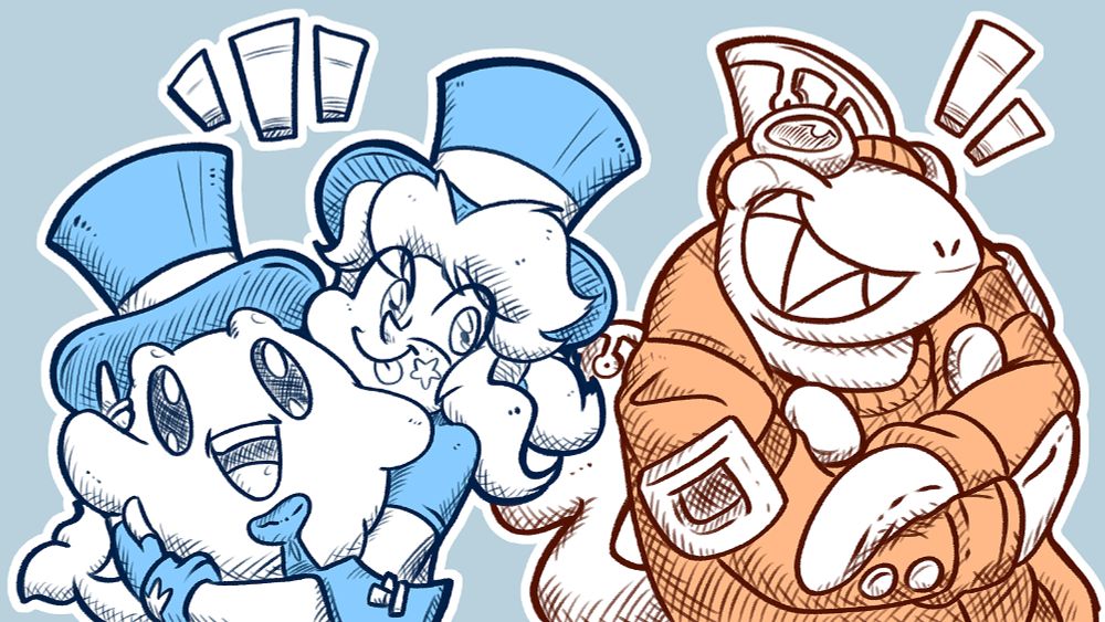 A doodle of Whalechan and Capt. Jawline side-to-side. Whalechan is our anime mascot from Whales And Games, being an adult woman with whale-looking hair and a top hat. She's holding our whale mascot Polite Whale, who also has his own top hat and tie. They're both coloured in blue. To the right, Capt. Jawline, our steampunk shark mascot for Townseek, grins at the viewer while crossing his arms on top of his large coat. He's coloured in orange. Both are positioned on top of a light blue background.