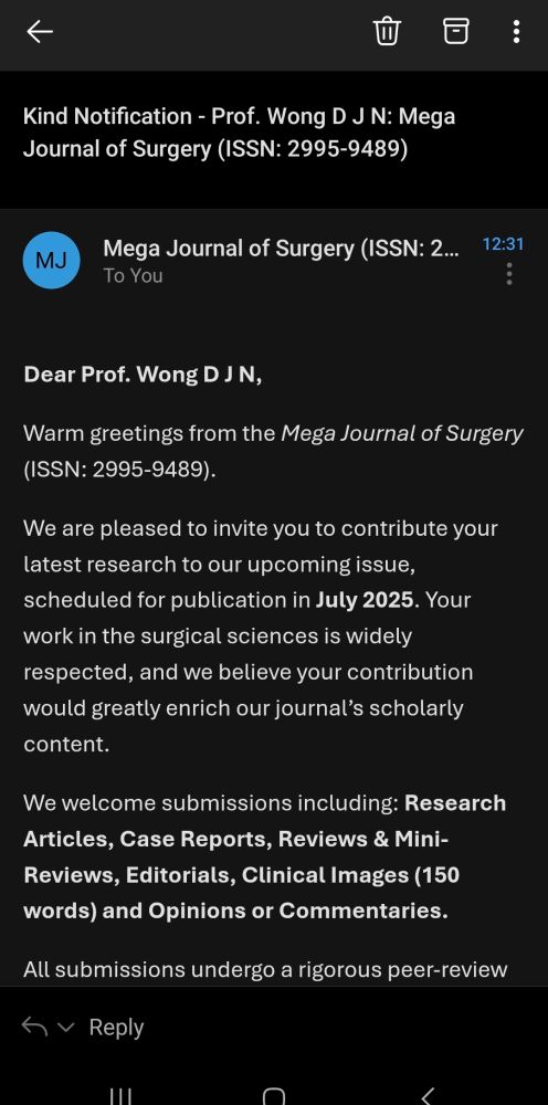 Email invite to submit an article to the MEGA journal of surgery.