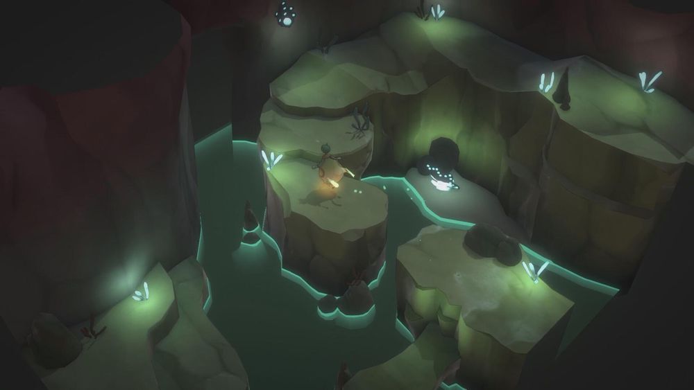 Mentari screenshot, hopping through a cave.