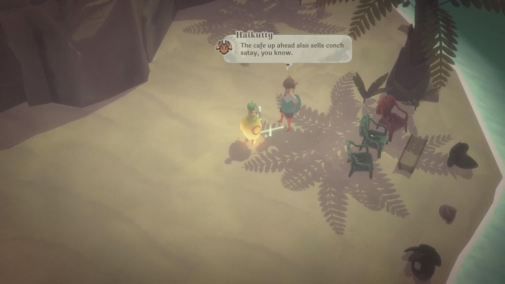 Mentari screenshot, talking with Haikutty who says, "The cafe up ahead also sells conch satay, you know.