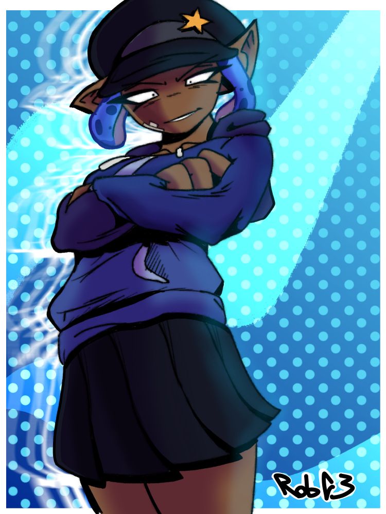 Artwork of a cartoon, humanoid squid character wearing a hoodie making a sly expression, crossing her arms. Abstract background.