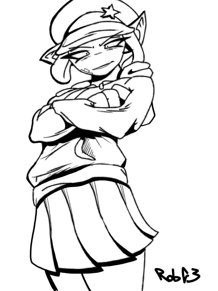 Black and white artwork of a cartoon, humanoid squid character wearing a hoodie making a sly expression, crossing her arms.