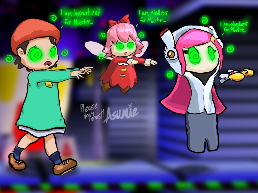 Adeleine, Ribbon & Susie from Kirby, all mindlessly walking like zombies, with green spirals eyes, saying "I am hypnotized/mindless/obedient for Master..." with that word being switched between them.
