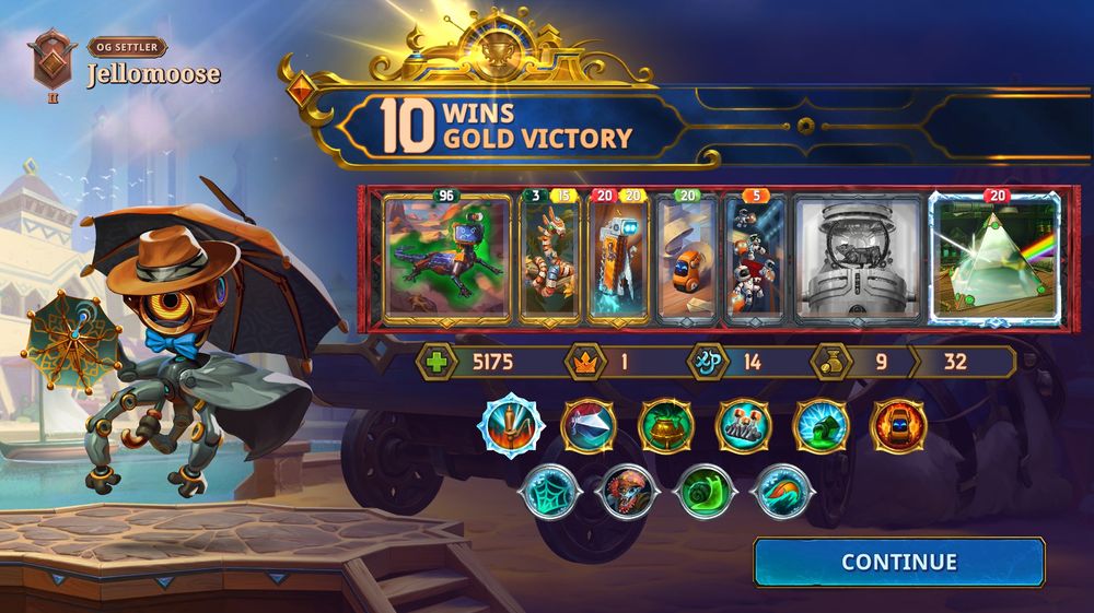 A victory screen from The Bazaar game showing a 10 win gold victory with Dooley. Of particular note, the Monitor Lizard has 96 poison. 