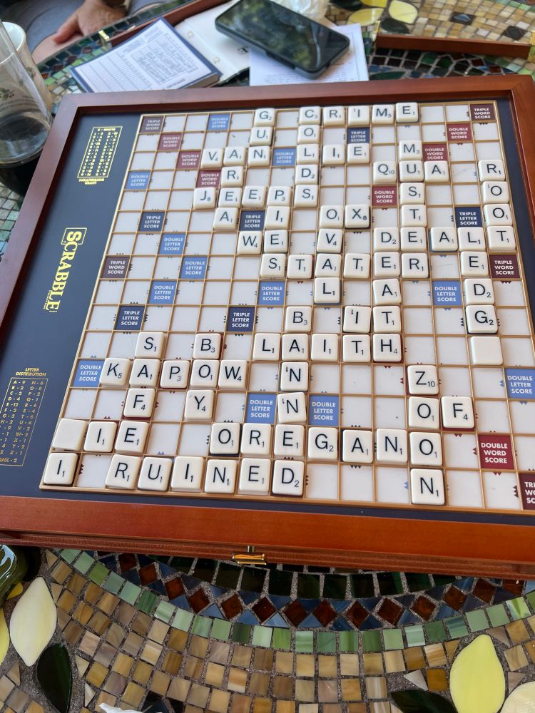 Scrabble board on a mosaic table