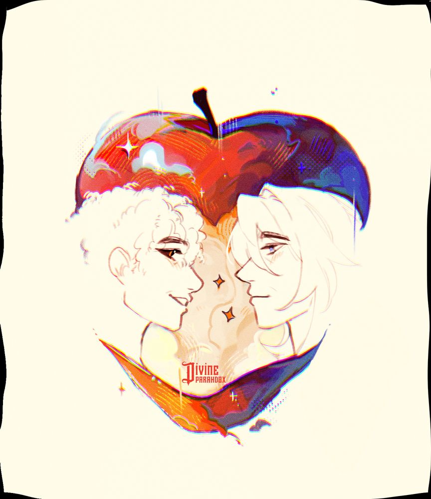 A bitten apple illustration where the negative space of the apple core are two faces: the left character is Black and is smiling toward the right character who is Asian. 