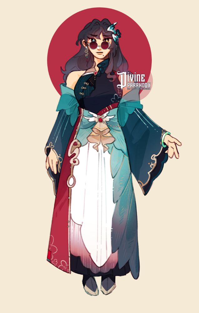 Curse of Strahd dnd character named Ko Li. She is chinese with red circular glasses, one teal eye and one gold eye, and a two piece outfit. The dress is red, white, teal, and black with teal off-shoulder sleeves. 