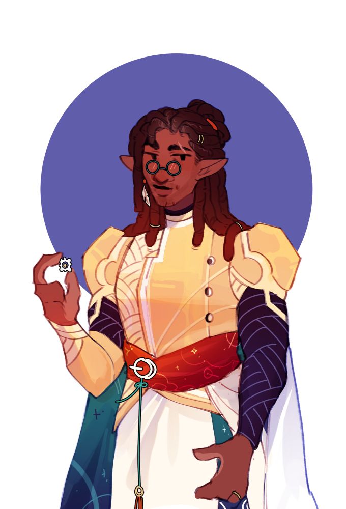 A character design of a Black middle aged half-elf man with medium length locs, gold armor, and white/dark purple clothing.