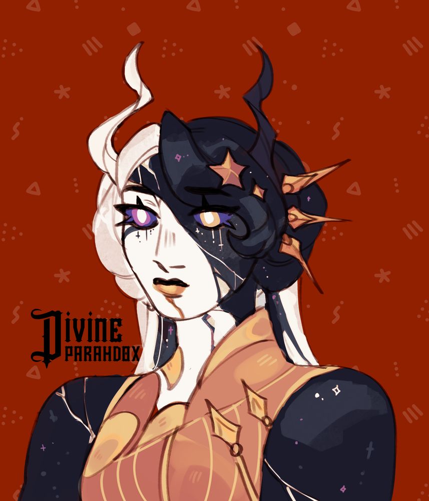 A headshot character design of a femme character. They have white-marble and black-space skin. Their face is cracked in half with the white side showing a purple eye and the black side showing a yellow eye. There are horns, stars, and golden spikes on their head as well as a gold-armor top. 