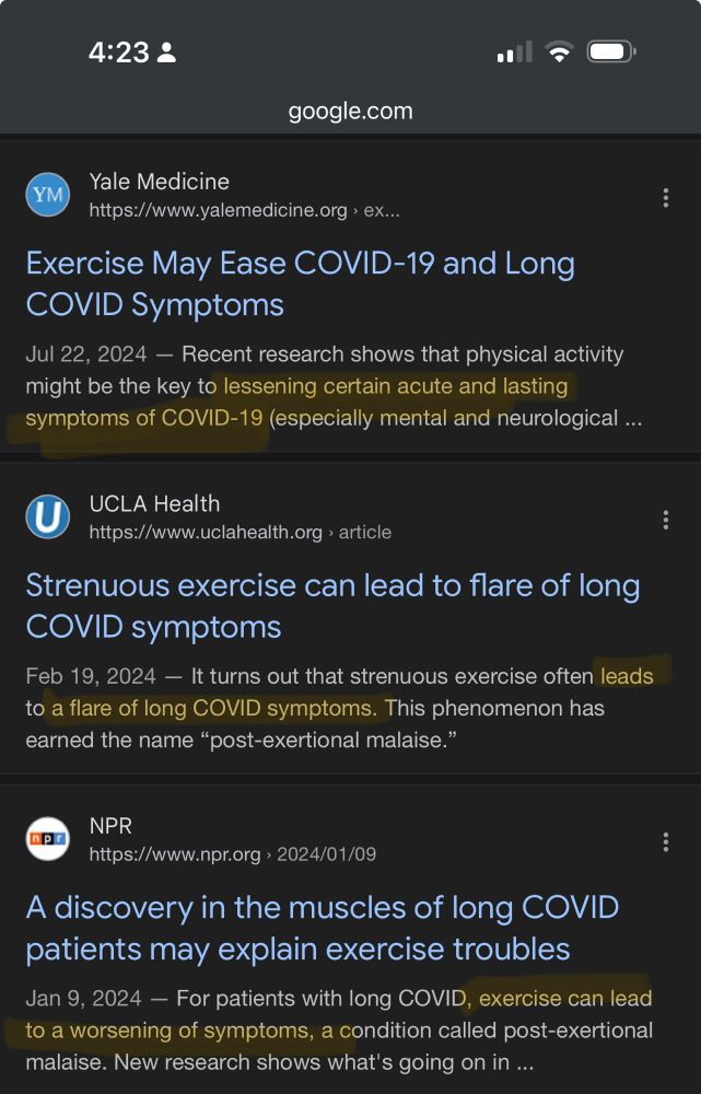 Screenshot of Google search results from Yale, UCLA, and NPR about impacts of exercise on COVID recovery showing snippets of articles giving conflicting advice 
