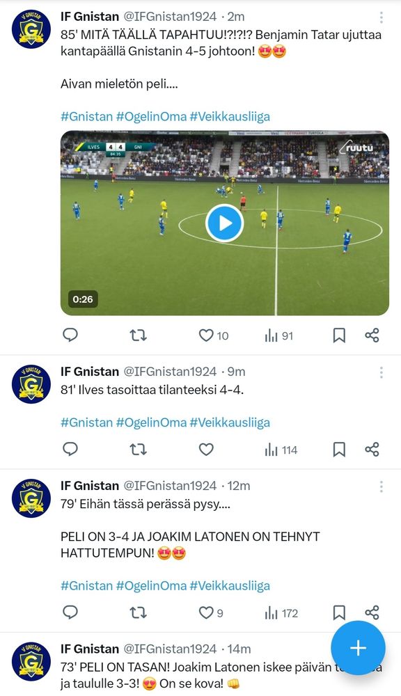 Kuvakaappaus IF Gnistanin Twitter-tililtä, jossa peräkkäisissä twiiteissä Gnistan latoo (pun intended) maaleja. Peli Ilvestä vastaan puoliajalla 2-0, päättyi 4-6 😀