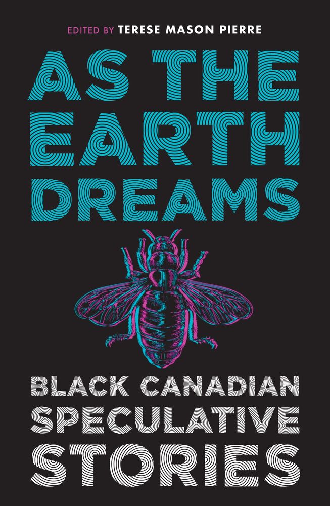 Book cover. All black with swirly bright blue and white title text. In the center is a neon blue and pink flying insect.
