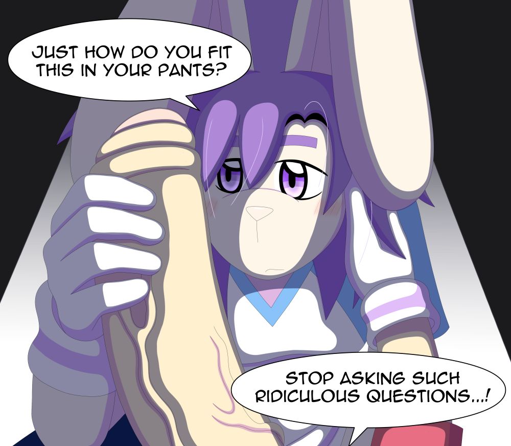 Comic of an anthropomorphic bunny holding a huge uncut dick