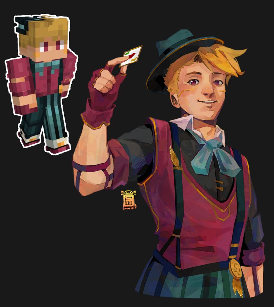 Character design of Jim wearing a red vest over a black shirt with suspenders and striped pants, gold trims line the outfit  .He's wearing a hat and a bowtie too. The minecraft skin its based on is on the upper corner