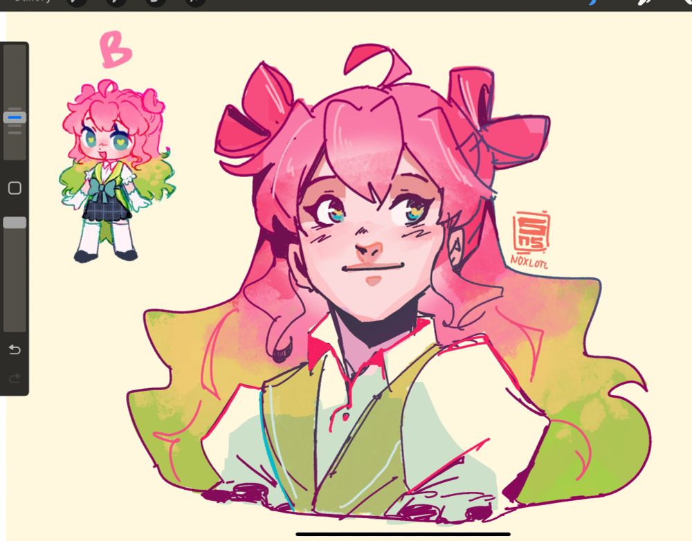drawing of LDShadowlady , design made by oddissey shown in the upper right corner. She has pink-green hair with heart hair buns