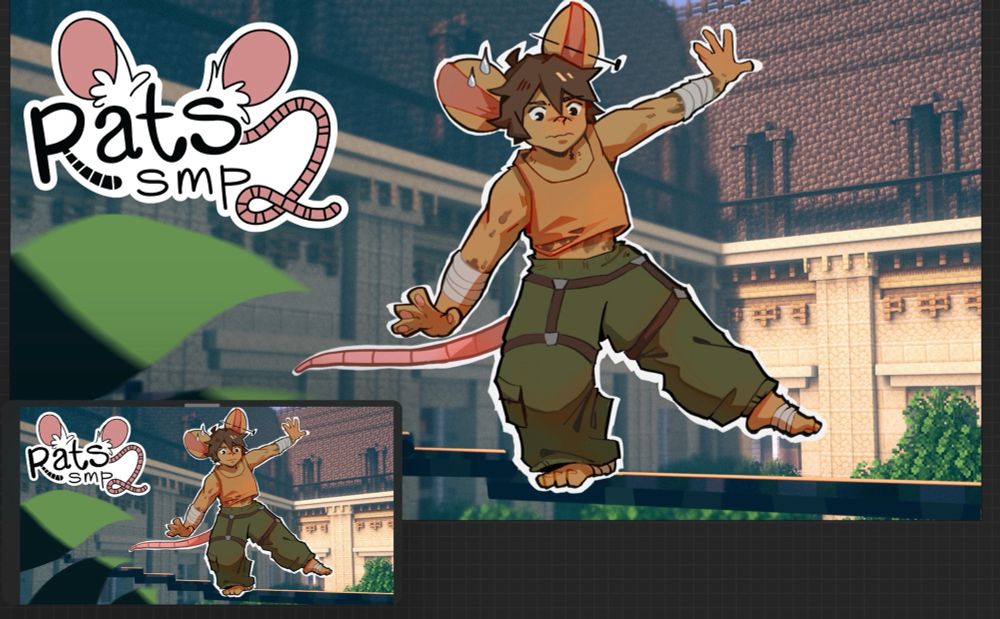 Art for a youtube thumbnail with the “Rats SMP” logo on the side . Drawing of a brown rat in an orange sleeveless shirt with  green baggy pants , slacklining across a courtyard 