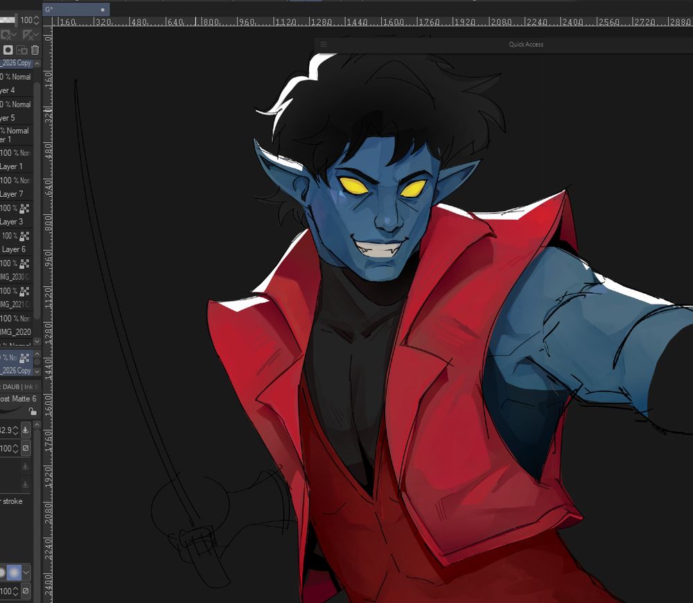 Work in progress drawing of Nightcrawler , emulating the  Marvel Rivals art style