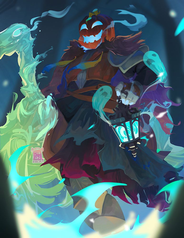 Illustration of a character design interpretation of a Smallishbeans minecraft skin. Character has a pumpkin head , in a tattered dress and armor , holding a ghostly lamp with tiny ghosts floating out of it, he is riding a ghostly skeleton horse. Bright bluish green flames in the foreground .