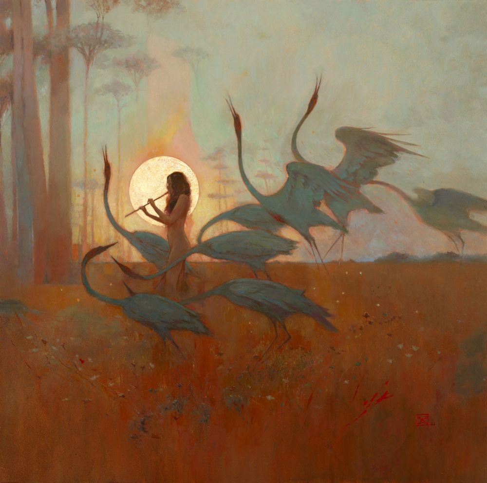 "Les Chants de l'Aurore" - Oil and gold leaf on paper
Model: Psyché Ophiuchus

The painting depicts a figure playing the flute in a vast plain landscape. Behind them, a rising sun forms an aureole, illuminating the scene. They are surrounded by large wading birds, seemingly accompanying the melody. The warm tones evoke the lingering atmosphere of long summer nights.