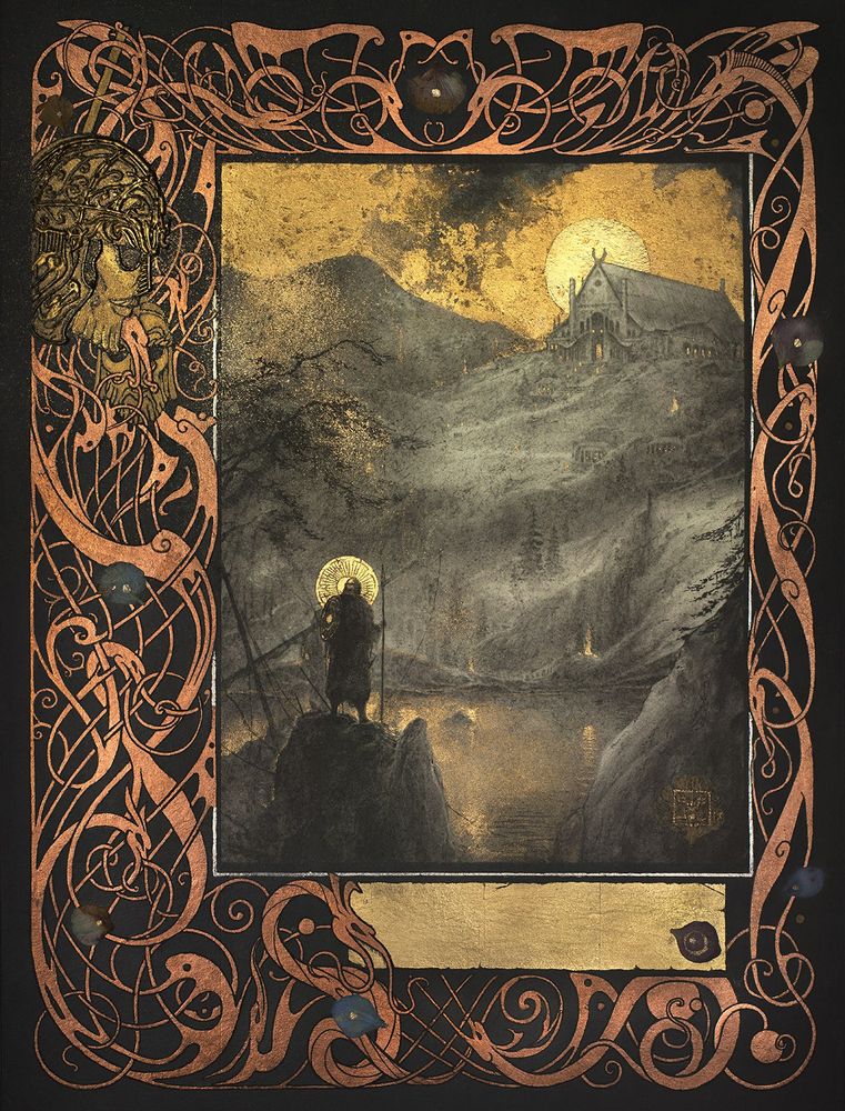 Illustration of Beowulf titled 'Heorot' by Yoann Lossel. Created using a mixed technique combining graphite, copper leaf, gold leaf, and silver leaf on paper. At the center, Beowulf stands on a rock, illuminated by a golden halo, facing a grand hall (Heorot) perched atop a hill, bathed in golden light that pierces a misty, dark atmosphere.

The image is surrounded by intricate ornamentation in Nordic-inspired arabesques: intertwined motifs of dragons, serpents, and mythological figures rendered in copper and gold. In the upper left corner, a sculpted head resembling a Viking helmet or mask adds a narrative element. These details imbue the artwork with an epic and mystical aura.