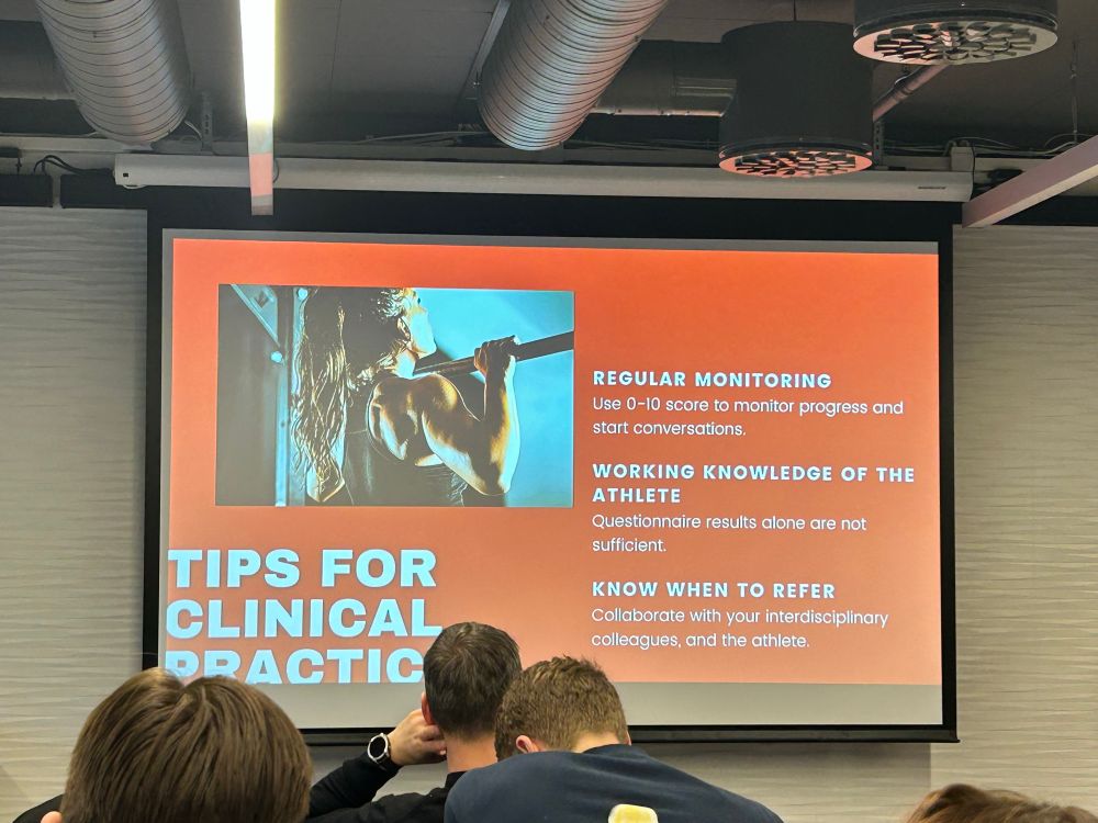 slide titled “tips for clinical practice”

these include: 1) regular monitoring of psychological status (even using simple questions with a Likert scale), 2) applying your working knowledge of the athlete, and 3) knowing when to refer to additional support like sports psychologists.