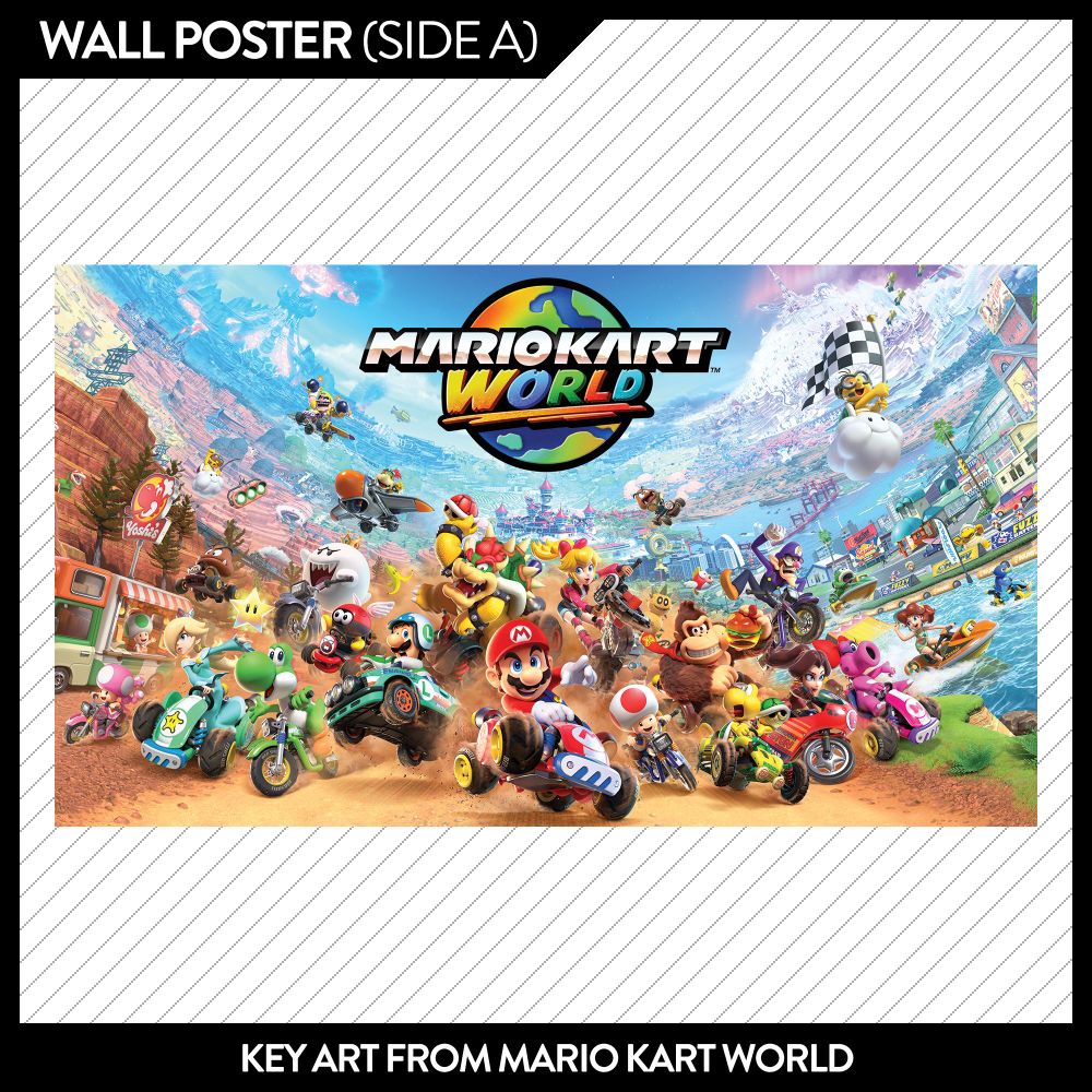 A wall poster featuring the key art from Mario Kart World.