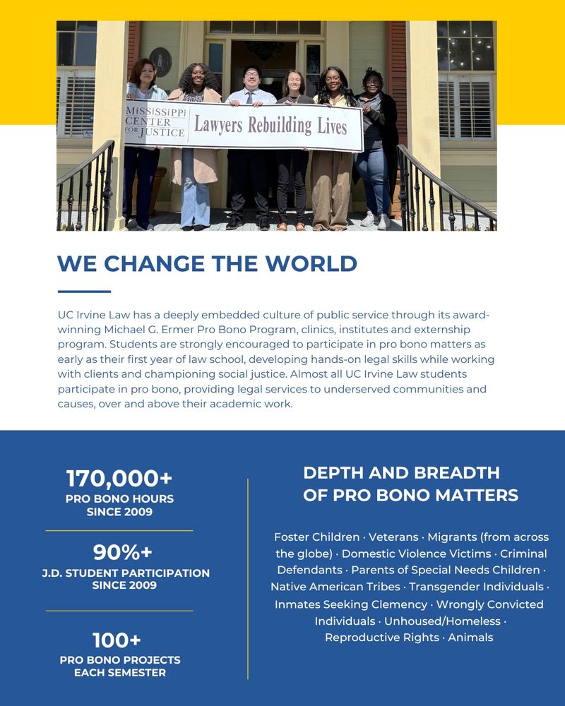 Seven UC Irvine Law students hold a banner reading “Lawyers Rebuilding Lives” at the Mississippi Center for Justice. The graphic notes UC Irvine Law’s 170,000+ pro bono hours since 2009, 90% student participation, and 100+ projects per semester.