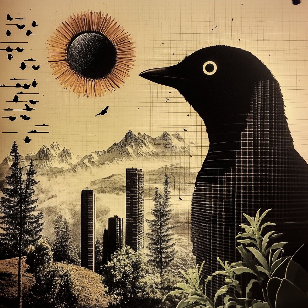 An AI generated image of a risograph or digital collage featuring a side view of the head and torso of a black bird overlaid with a grid on a cream colored background. The bird faces left towards a yellow and black sunflower, which is placed above other image elements to suggest a sun. Smaller elements include mountains, skyscrapers, and evergreen trees and shrubs. On the left of the image are abstract black forms resembling musical notes or birds perched on wires. 