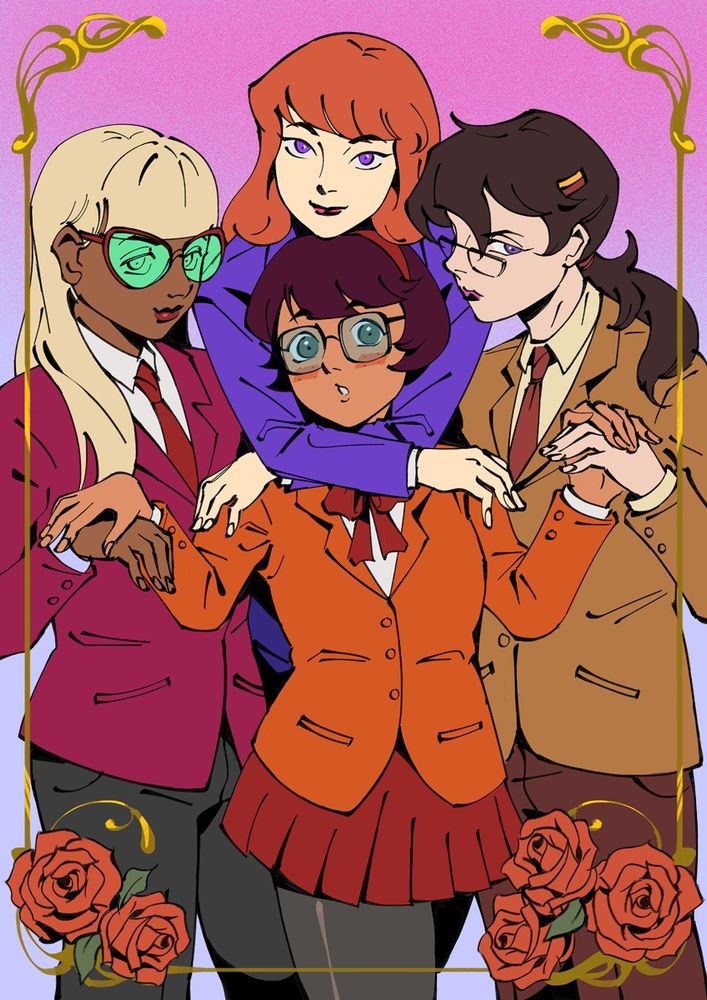 illustration of velma, daphne, marcie and coco in the style of a shoujo manga cover
