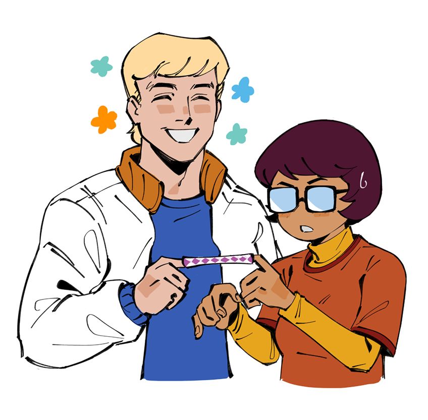 fred and velma's index fingers are caught in a finger trap. fred smiles while velma is visibly confused

#ScoobyDoo #rkgk