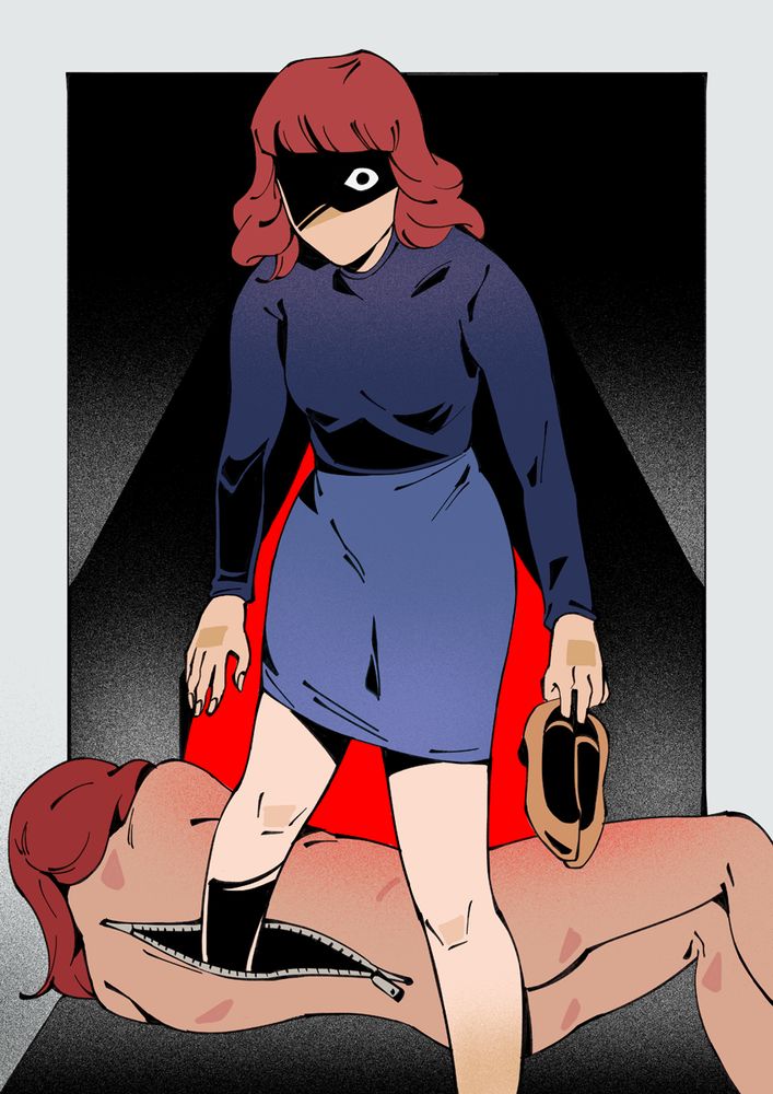 illustration of Helly R stepping out from the open back of a naked Helena Eagan. the open back looks like an undone zipper. Helly's face is partially covered in shadow, with one eye wide open. she is carrying her shoes in one hand. behind them is a silhouette of a tent with a red interior.

i wanted to lean into the significance of the tent in the creation of Helly's memory, so i drew Helena's body as a sort of "sleeping bag" from which Helly emerges as she finally gets the resolve to take charge of the situation she is in