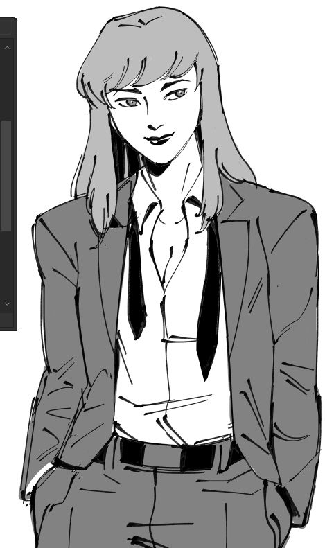 sketch of daphne blake in a suit, with an undone tie and shirt
