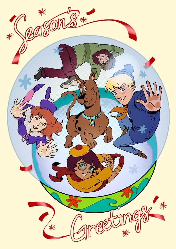 mystery inc (scooby doo) floating inside a snow globe. the text "season's greetings" is above and under the snow globe

#art