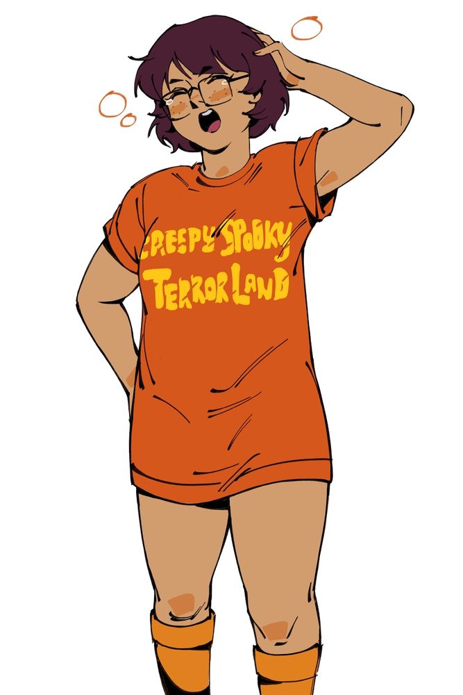 drawing of velma dinkley wearing an oversized orange shirt and knee socks. this is a reference to her pyjamas from Scooby-Doo! Stage Fright (2013). the shirt reads "Creepy Spooky Terror Land", referring to the amusement part from Scooby-Doo! Mystery Incorporated