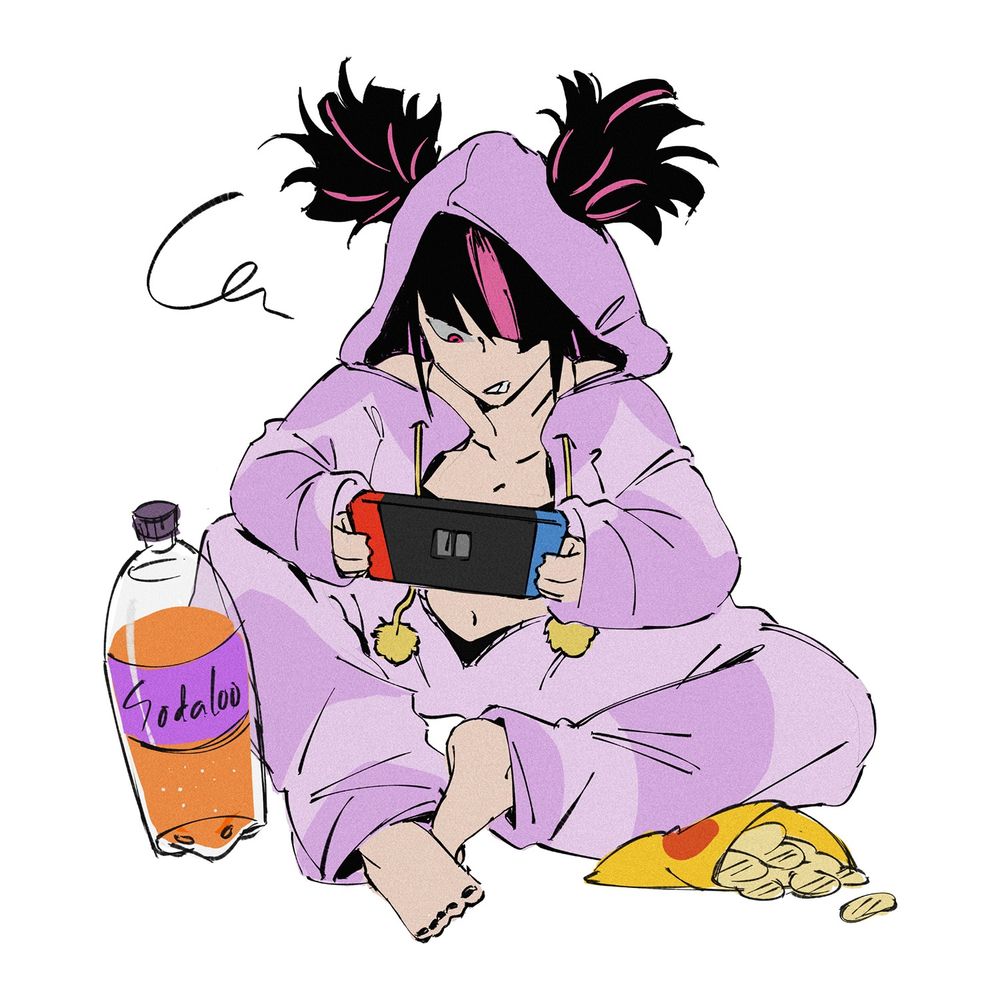 drawing of juri han from street fighter playing on a nintendo switch. beside her is a bottle of soda and an open bag of chips
