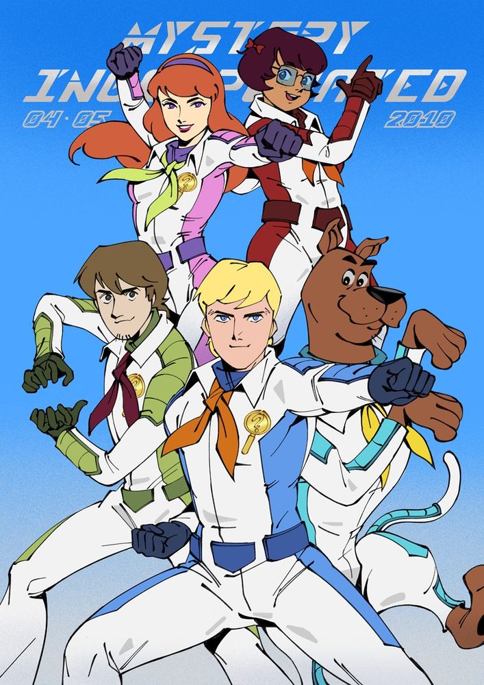 illustration of Mystery Inc in their team uniforms (as seen in "Battle of The Humungonauts", S1E9 episode of Scooby-Doo Mystery Incorporated), against a blue background that fades into white at the bottom. the text reading "Mystery Incorporated 04.5.2010" is visible in the background