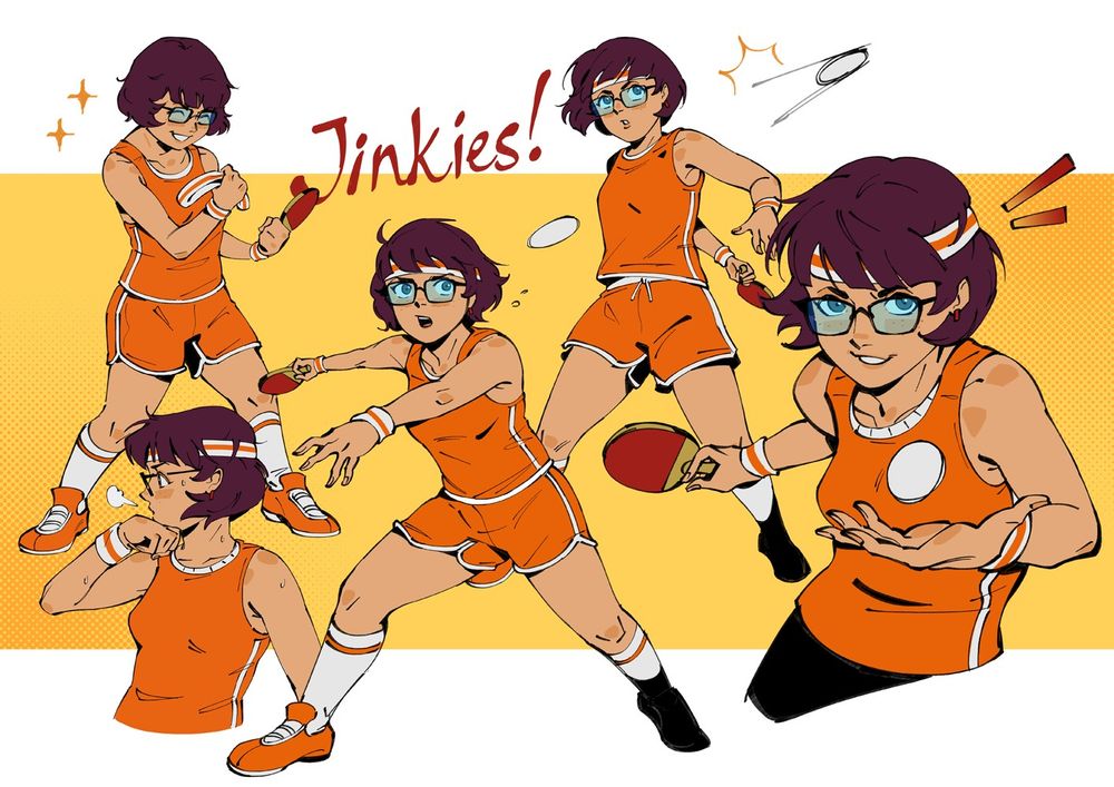 a sketch page of velma dinkley (scooby doo) in various table tennis action poses. she is wearing orange sportswear and matching headband and wristbands