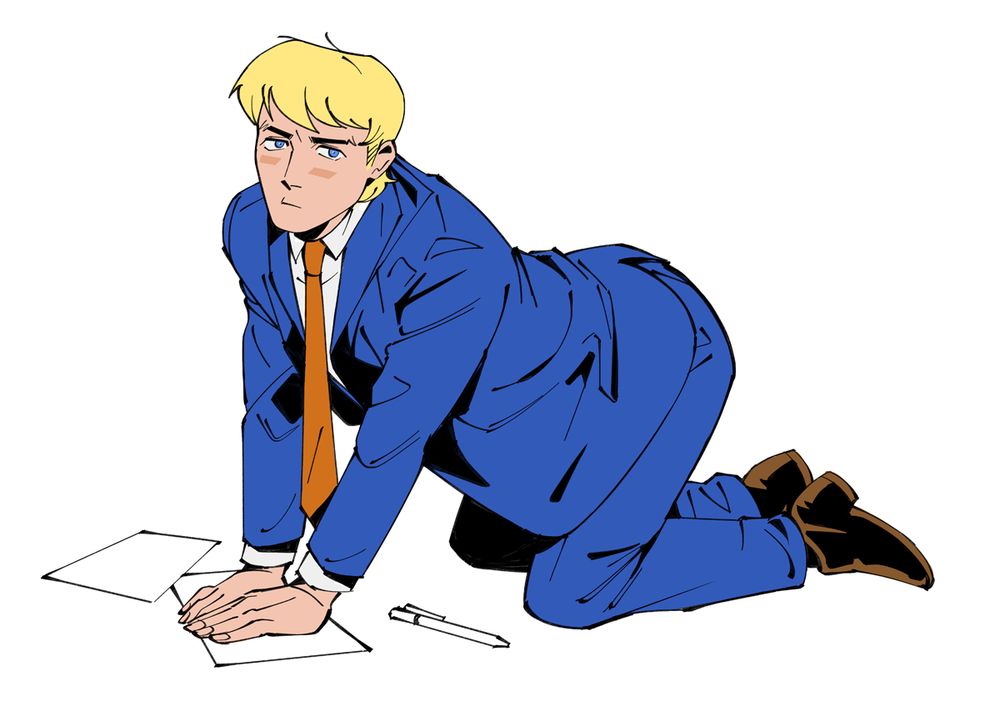 fred jones in a blue suit drawn in the babygirl pose