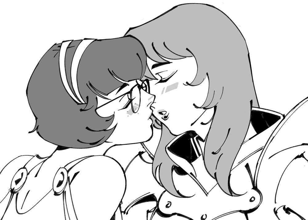 sketch of velma as a princess and daphne as a knight, almost kissing